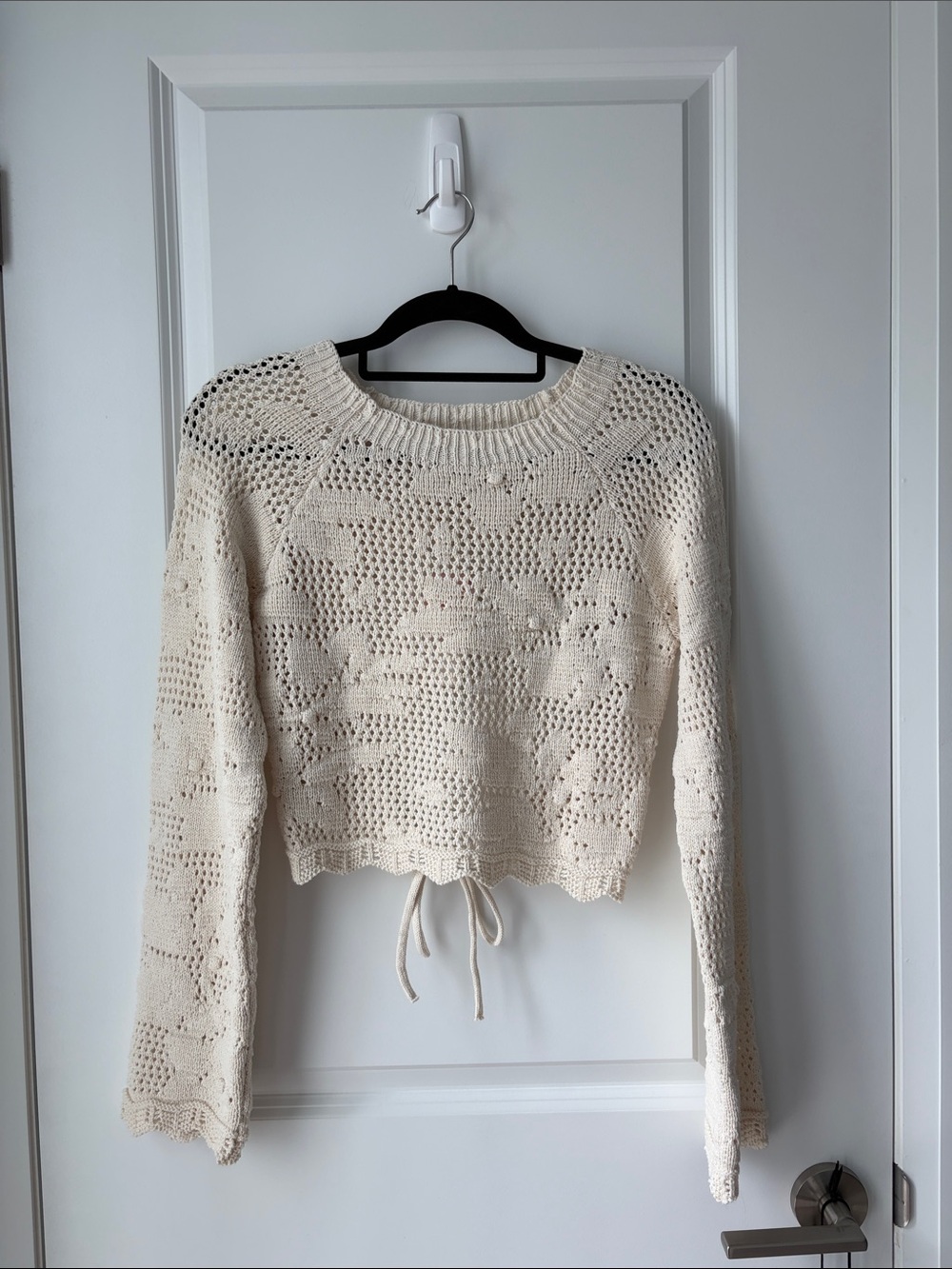 NWT ONLY Cream Crochet Tie-Back Open Back Crewneck Sweater